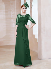 Robe en Mousseline à Manches Mi-longues et Décolleté Illusion avec Dentelle Vert Foncé