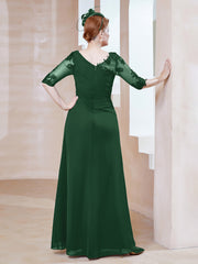 Robe en Mousseline à Manches Mi-longues et Décolleté Illusion avec Dentelle Vert Foncé