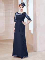 Robe en Mousseline à Manches Mi-longues et Décolleté Illusion avec Dentelle Bleu Marine Grande Taille