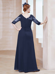 Robe en Mousseline à Manches Mi-longues et Décolleté Illusion avec Dentelle Bleu Marine
