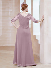 Robe en Mousseline à Manches Mi-longues et Décolleté Illusion avec Dentelle Dusk