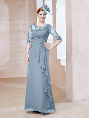 Robe en Mousseline à Manches Mi-longues et Décolleté Illusion avec Dentelle Bleu Poudré
