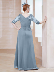 Robe en Mousseline à Manches Mi-longues et Décolleté Illusion avec Dentelle Bleu Poudré Grande Taille