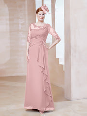 Robe en Mousseline à Manches Mi-longues et Décolleté Illusion avec Dentelle Rose Poudré