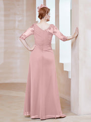 Robe en Mousseline à Manches Mi-longues et Décolleté Illusion avec Dentelle Rose Poudré