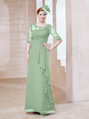 Robe en Mousseline à Manches Mi-longues et Décolleté Illusion avec Dentelle Sauge Poudrée Grande Taille