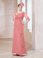 Robe en Mousseline à Manches Mi-longues et Décolleté Illusion avec Dentelle Flamant