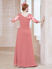 Robe en Mousseline à Manches Mi-longues et Décolleté Illusion avec Dentelle Flamant