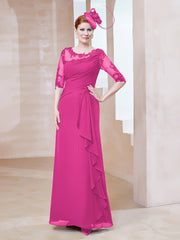 Robe en Mousseline à Manches Mi-longues et Décolleté Illusion avec Dentelle Fuchsia