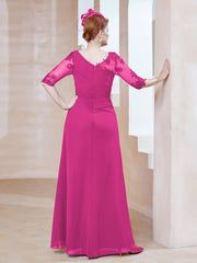 Robe en Mousseline à Manches Mi-longues et Décolleté Illusion avec Dentelle Fuchsia Grande Taille