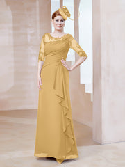 Robe en Mousseline à Manches Mi-longues et Décolleté Illusion avec Dentelle Or