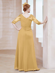 Robe en Mousseline à Manches Mi-longues et Décolleté Illusion avec Dentelle Or