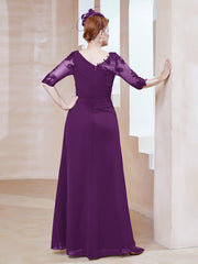 Robe en Mousseline à Manches Mi-longues et Décolleté Illusion avec Dentelle Raisin