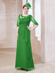 Robe en Mousseline à Manches Mi-longues et Décolleté Illusion avec Dentelle Vert Grande Taille