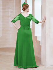 Robe en Mousseline à Manches Mi-longues et Décolleté Illusion avec Dentelle Vert