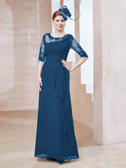 Robe en Mousseline à Manches Mi-longues et Décolleté Illusion avec Dentelle Bleu Encre Grande Taille