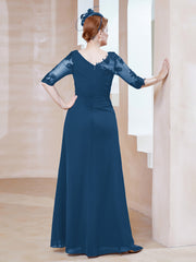 Robe en Mousseline à Manches Mi-longues et Décolleté Illusion avec Dentelle Bleu Encre Grande Taille