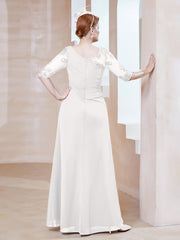 Robe en Mousseline à Manches Mi-longues et Décolleté Illusion avec Dentelle Ivoire Grande Taille