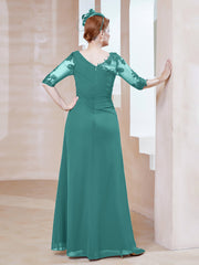 Robe en Mousseline à Manches Mi-longues et Décolleté Illusion avec Dentelle Jade