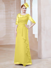 Robe en Mousseline à Manches Mi-longues et Décolleté Illusion avec Dentelle Citron