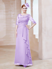 Robe en Mousseline à Manches Mi-longues et Décolleté Illusion avec Dentelle Lilas