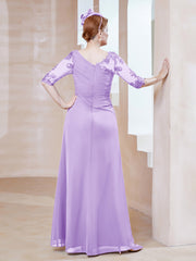 Robe en Mousseline à Manches Mi-longues et Décolleté Illusion avec Dentelle Lilas