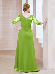 Robe en Mousseline à Manches Mi-longues et Décolleté Illusion avec Dentelle Vert Citron Grande Taille