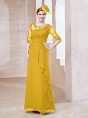Robe en Mousseline à Manches Mi-longues et Décolleté Illusion avec Dentelle Souci