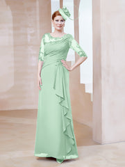 Robe en Mousseline à Manches Mi-longues et Décolleté Illusion avec Dentelle Vert Menthe