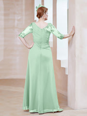 Robe en Mousseline à Manches Mi-longues et Décolleté Illusion avec Dentelle Vert Menthe Grande Taille
