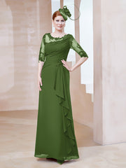 Robe en Mousseline à Manches Mi-longues et Décolleté Illusion avec Dentelle Mousse Grande Taille