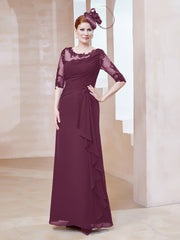 Robe en Mousseline à Manches Mi-longues et Décolleté Illusion avec Dentelle Mûre Grande Taille