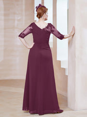 Robe en Mousseline à Manches Mi-longues et Décolleté Illusion avec Dentelle Mûre Grande Taille
