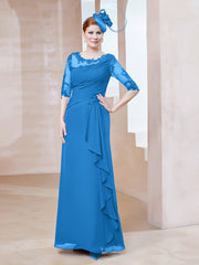 Robe en Mousseline à Manches Mi-longues et Décolleté Illusion avec Dentelle Bleu Océan Grande Taille
