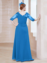 Robe en Mousseline à Manches Mi-longues et Décolleté Illusion avec Dentelle Bleu Océan Grande Taille