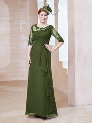 Robe en Mousseline à Manches Mi-longues et Décolleté Illusion avec Dentelle Olive Verte Grande Taille