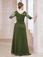 Robe en Mousseline à Manches Mi-longues et Décolleté Illusion avec Dentelle Olive Verte Grande Taille