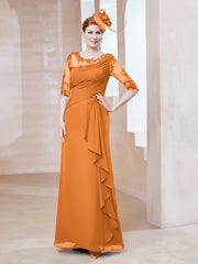 Robe en Mousseline à Manches Mi-longues et Décolleté Illusion avec Dentelle Orange