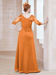Robe en Mousseline à Manches Mi-longues et Décolleté Illusion avec Dentelle Orange Grande Taille