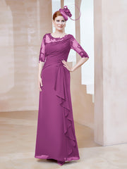 Robe en Mousseline à Manches Mi-longues et Décolleté Illusion avec Dentelle Orchidee