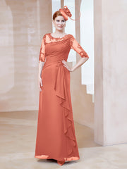 Robe en Mousseline à Manches Mi-longues et Décolleté Illusion avec Dentelle Papaye
