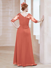 Robe en Mousseline à Manches Mi-longues et Décolleté Illusion avec Dentelle Papaye Grande Taille