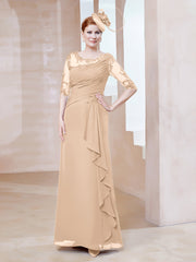 Robe en Mousseline à Manches Mi-longues et Décolleté Illusion avec Dentelle Pêche