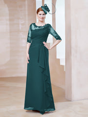 Robe en Mousseline à Manches Mi-longues et Décolleté Illusion avec Dentelle Paon Grande Taille