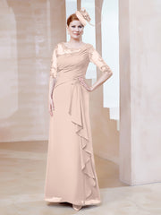 Robe en Mousseline à Manches Mi-longues et Décolleté Illusion avec Dentelle Rose Perle Grande Taille