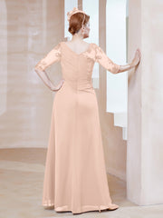 Robe en Mousseline à Manches Mi-longues et Décolleté Illusion avec Dentelle Rose Perle Grande Taille