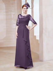 Robe en Mousseline à Manches Mi-longues et Décolleté Illusion avec Dentelle Plum Grande Taille