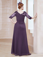 Robe en Mousseline à Manches Mi-longues et Décolleté Illusion avec Dentelle Plum