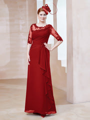Robe en Mousseline à Manches Mi-longues et Décolleté Illusion avec Dentelle Rouge Grande Taille