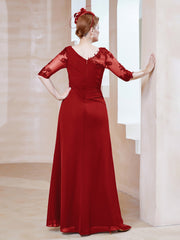 Robe en Mousseline à Manches Mi-longues et Décolleté Illusion avec Dentelle Rouge Grande Taille